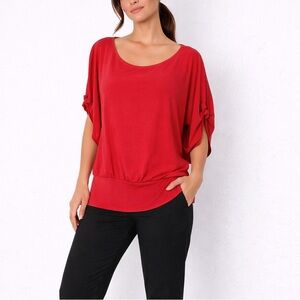 Joseph Ribkoff Red Draped Blouse Batwing Sleeves Keyhole Back Size 14